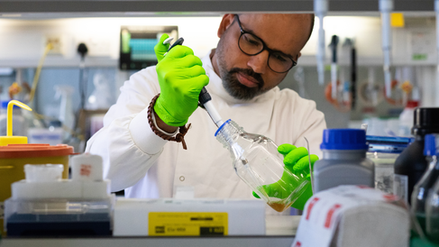 Plant Sciences PhD student using a pipette in the lab