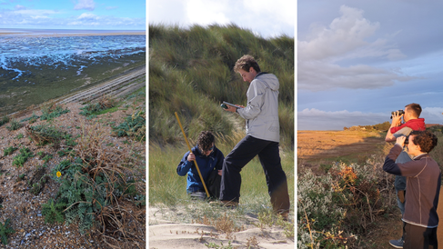 North Norfolk saltmarsh; students measuring Marram grass; students birdwatching on a salt marsh