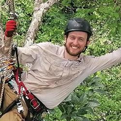 James Ball suspended in a tree doing fieldwork