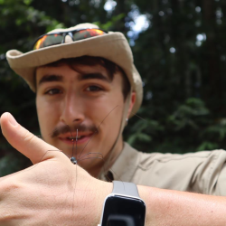 Dan Marquand holding a harvestman during a tour of a logged forest near Danum Valley. Harvestmen, though often mistaken for spiders, belong to the order Opiliones, a close relative of spiders in the order Araneae. Photo by Aulia Maulidya.
