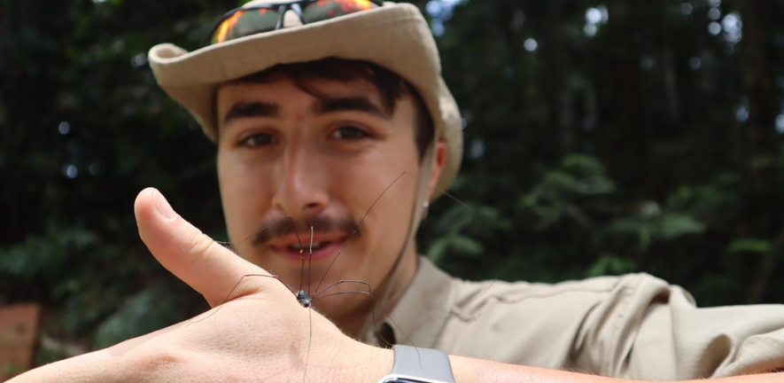Dan Marquand holding a harvestman during a tour of a logged forest near Danum Valley. Harvestmen, though often mistaken for spiders, belong to the order Opiliones, a close relative of spiders in the order Araneae. Photo by Aulia Maulidya.